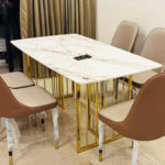 Golden Dining Table – 4 and 6 Seater Dining Table with Italian Composite Marble Top on PVD Coated Stainless Steel Frame