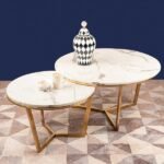 Spider Three Legged Nesting Coffee Table – White Marble Top (Stainless Steel) | Golden Coffee Table for Living Room | Metallic Centre Table for Drawing Room | White Marble Top Tea Table in Set of 2