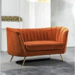2 Seater Cognac Velvet Loveseat – Curved Back Cushioned Small Sofa