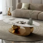 Centre Table for Living Room – Unique Design in Attractive Golden Color | Oval Center Table in Gold Base with End Table | Premium Marble Top Center Table for Drawing Room - Image 2