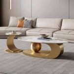 Coffee Table Oval Shape | Golden Tea Table Design for Luxury Look | Marble Top Centre Table for Living Room Decor with Side End Table