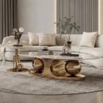 Tea Table Design for Luxury Look | Golden Coffee Table Oval Shape | Marble Top Central Table for Living Room Decor with Side End Table