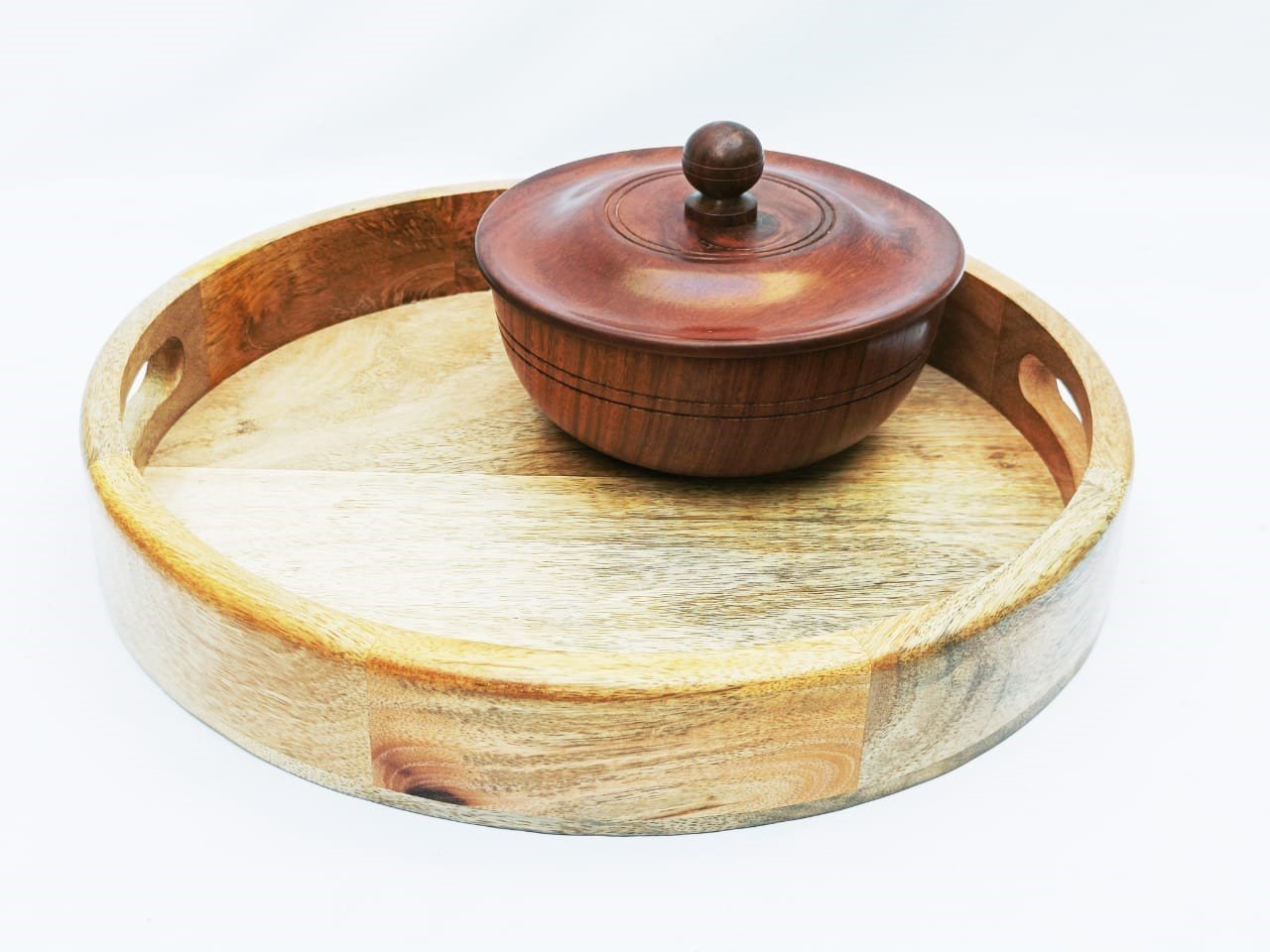 Wooden-Round-Tray-with-Bowl-1.jpg Wooden Round Tray with Bowl | Handmade Serving Tray in Wood | Handcrafted Kitchen Essential in Sheesham Wood - Image 1