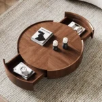 Round Coffee Table Design in Walnut Wood with Hidden Storage – Perfect for Modern Living Rooms - Image 3