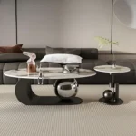 Italian Marble Center Table Design in Nickel PVD Coating – Oval Teapoy Coffee Table Design for Living Room