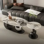 Italian Marble Center Table Design in Nickel PVD Coating – Oval Teapoy Coffee Table Design for Living Room - Image 5