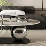 Italian Marble Center Table Design in Nickel PVD Coating – Oval Teapoy Coffee Table Design for Living Room - Image 6