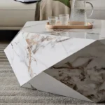 Designer Coffee Table in Carrara Marble Veneer Top – Unique Diamond Shaped Coffee Table Design in Timber Wood - Image 3
