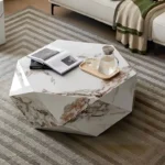 Designer Coffee Table in Carrara Marble Veneer Top – Unique Diamond Shaped Coffee Table Design in Timber Wood - Image 6
