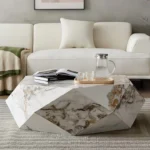 Designer Coffee Table in Carrara Marble Veneer Top – Unique Diamond Shaped Coffee Table Design in Timber Wood