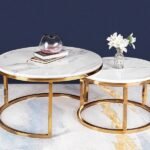 Umami Nesting Coffee Table Set of 2 – Gold (Stainless Steel) | Handmade Centre Table for Drawing Room in White Marble Tops | Unique Tea Table for Luxury Look