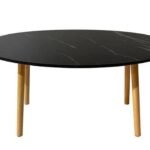 Coffee Table Round Wood In Laminate Finish | Black Sleek Marble Top Center Table for Living Room | Wooden Legs Tea Table Design for Drawing Room