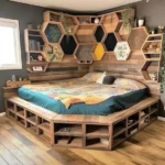 Designer Bed with Storage and Backside Wooden Shelves | Unique King Size Bed for Luxury Look | Low Floor Wooden Bed | Large Full Size Double Bed for Ultimate Comfort