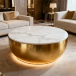 Accent Table Round by Artyfer | Gold Metallic Accent Table for Drawing Room | White Marble Top Center Table for Living Room
