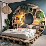 Low Height King Size Bed with Wooden Storage & LED Lights | Round Double Bed with Wooden Backside Shelves | Unique King Size Bed for Luxury Look | Low Floor Wooden Bed | Large Full Size Double Bed for Ultimate Comfort