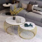 Marble Top Coffee Table Design for Rich Look | Golden Coffee Table for Living Room | Round White Marble Top Center Table for Sitting Room