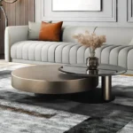 Central Table Design in Brushed Stainless Steel Frame with Black Glass Top in Teapoy Design