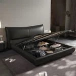 Low Floor Bed Design with Storage – King Size Bed with Mattress | Nappa Leather Low Floor Wooden Bed - Image 3