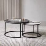Round Coffee Table for Drawing Room | Black and White Marble Top Center Table for Living Room | Round Tea Table Design for Classic Look | Matt Black Centre Table for Living Room - Image 2