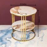 The Three Legged Double Decker Accent Table – Brown Textured Marble Top Bedside Table for Living Room | Designer Planter Stand for Indoor Table Decor | Luxury Sofa Side Table for Sitting Room | Premium Bedside Table for Room Decor