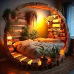 Wooden Bed in Cute Basket Design with Planters Stands & Backlits | Customized Queen Size Bed | Low Floor Wooden Bed | Full Size Double Bed for Ultimate Comfort